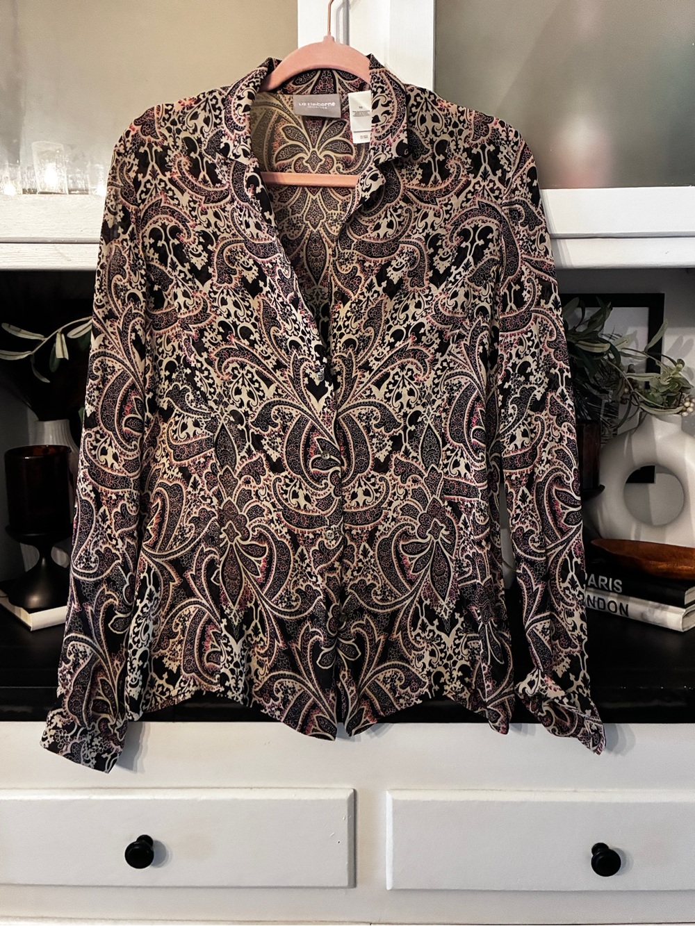 Liz Claiborne Pink and Black Paisley Button-Down Blouse